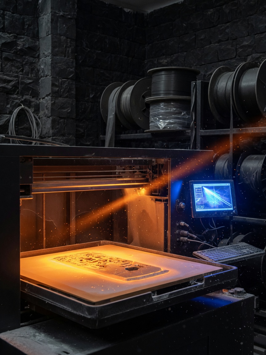 Industrial sintering printer mid-build in a dark workshop, powder bed lit amber.