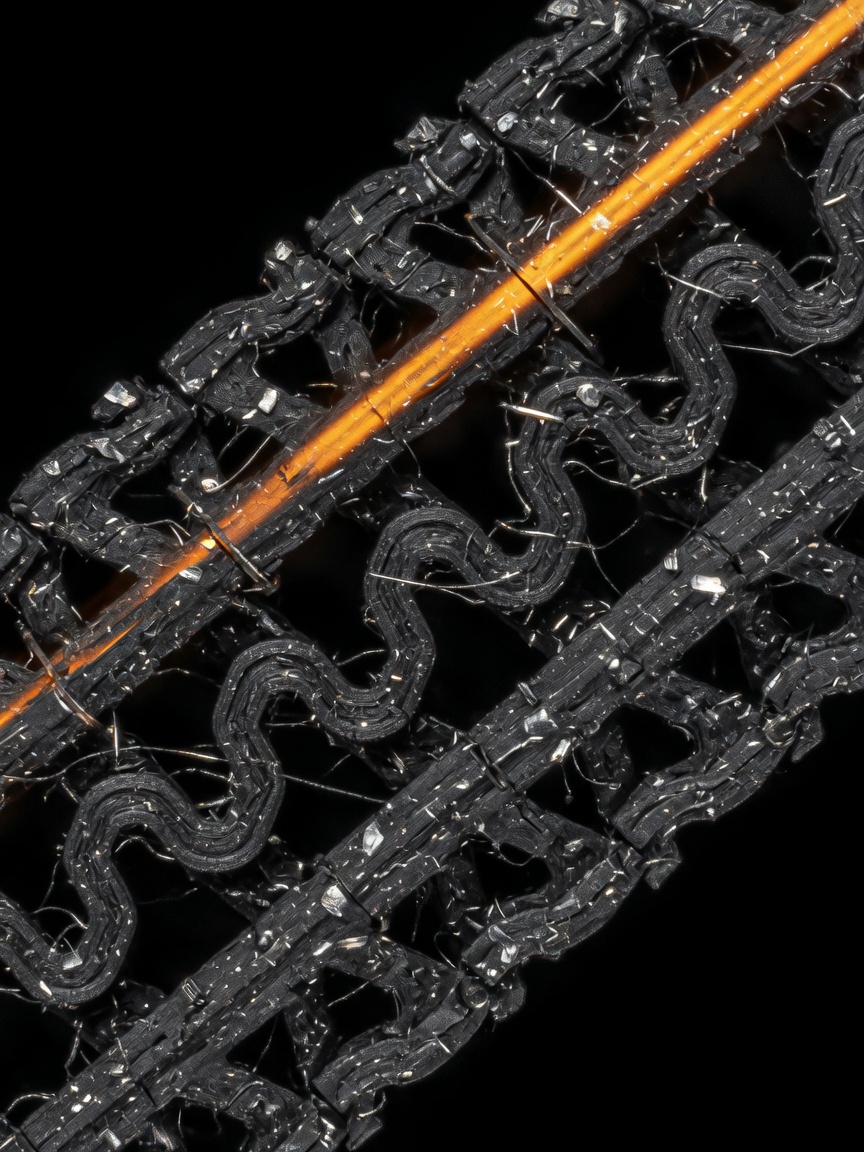 Macro cross-section of fractured carbon-filled nylon showing gyroid lattice infill.