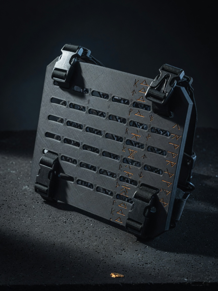 Draupnir modular front placard, matte black printed panel with PALS webbing slots.