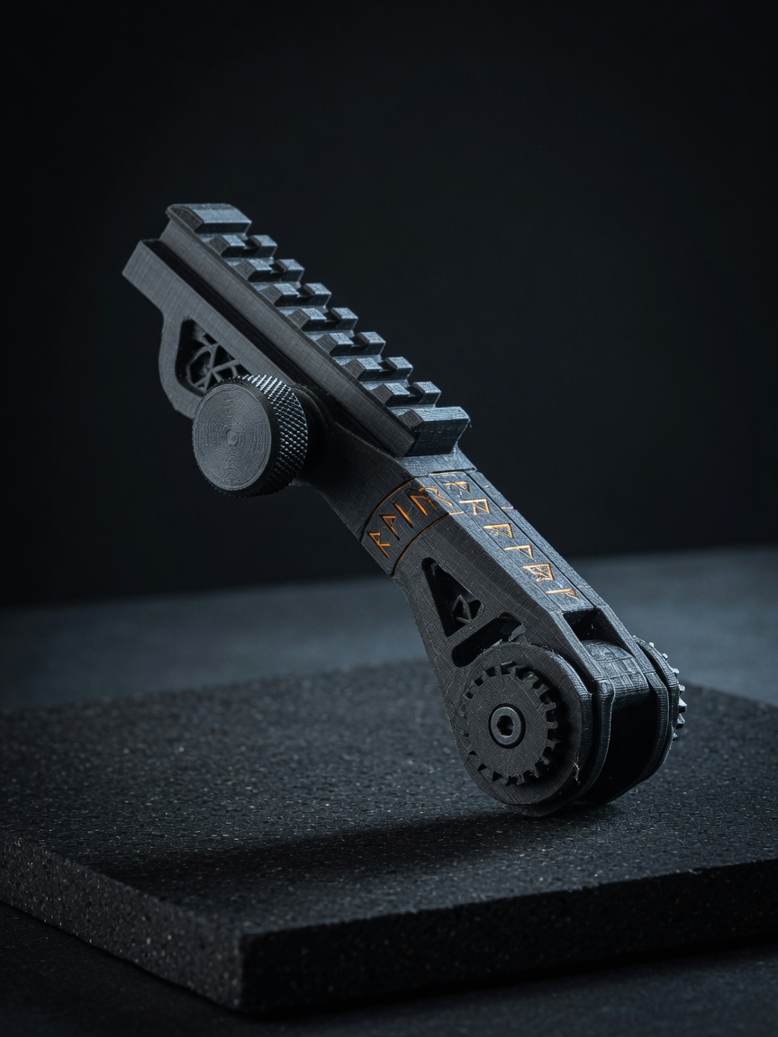 Huginn helmet accessory arm, articulated bracket with knurled tension knob.