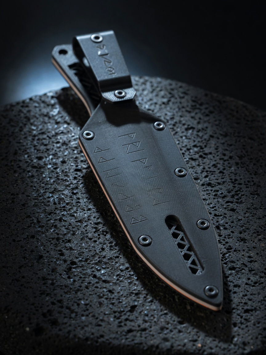 Sköll fixed-blade sheath, tapered printed shell with tension screw row and belt dangler.