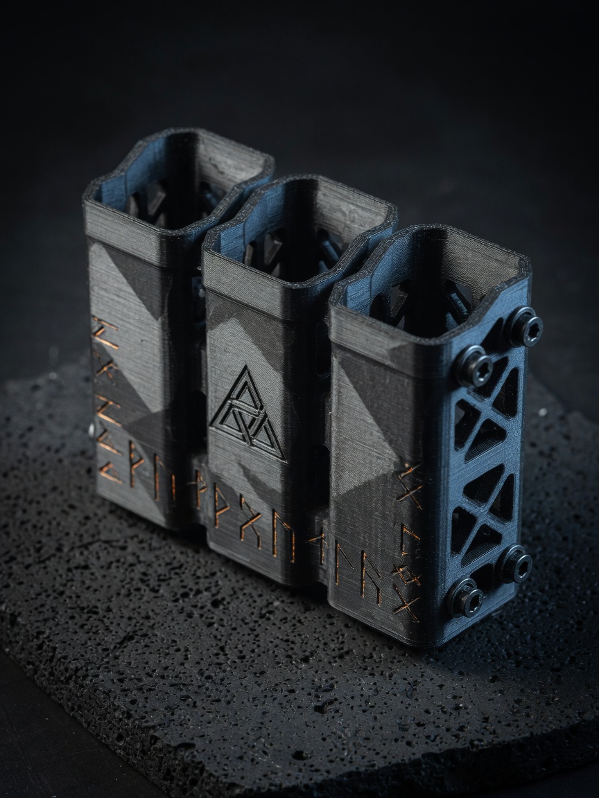 Valknut triple magazine carrier, three printed pockets with side tension screws.
